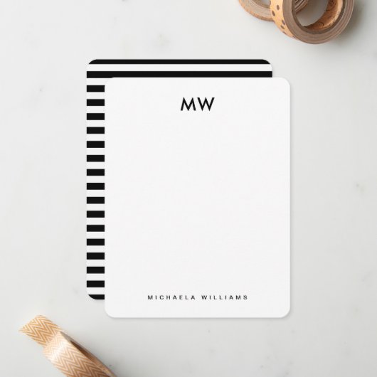 Moderne Geometrische Streep Monogrammed Initiaal & Notitiekaartje (Voorkant / Achterkant in situ)
