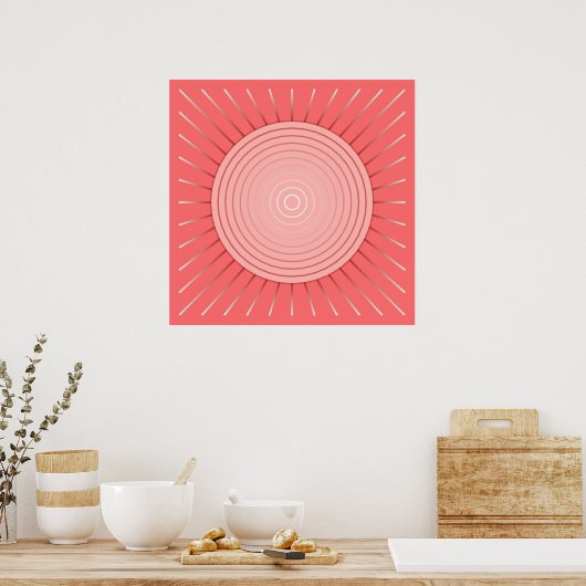 Moderne Geometrische Sunburst - Diepe Coral Pink Poster (Keuken)