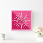 Moderne Geometrische Sunburst, Wijn en Fuchsia Pin Vierkante Klok (Huis)