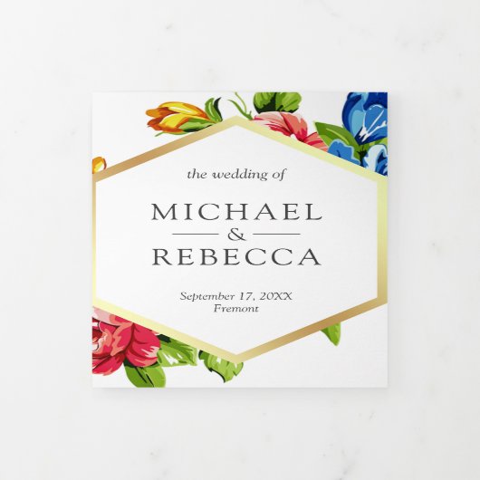 Moderne Geometrische Vibrant Bloemen Fotobruiloft Drieluik Uitnodiging (Cover)