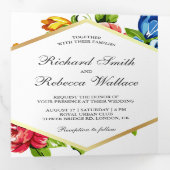 Moderne Geometrische Vibrant Bloemen Fotobruiloft Drieluik Uitnodiging (Binnenzijde eerst)