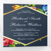 Moderne Geometrische Vibrant Bloemen Fotobruiloft Drieluik Uitnodiging (Binnenzijde eerst)