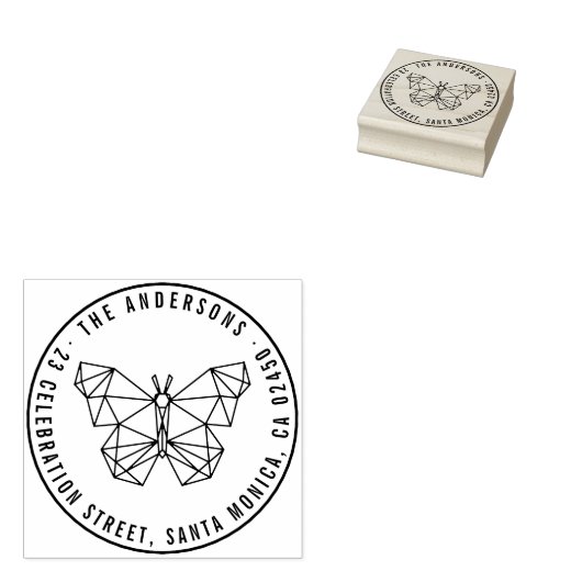 Moderne Geometrische Vlinder Naam & Retouradres Rubberstempel (Gestempeld)