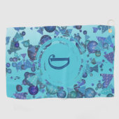 Moderne geometrische vormen met monogram in blauw golfhanddoek (Horizontaal)