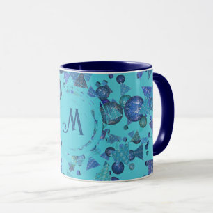 Moderne geometrische vormen met monogram in blauw mok