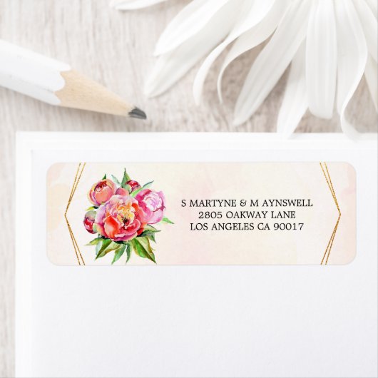 Moderne Geometrische Waterverf Koraal Pioen Bruilo Etiket (Insitu)