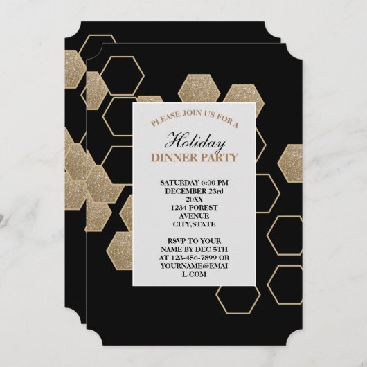 moderne geometrische zeshoek zwart en goud feest kaart (Voorkant / Achterkant)