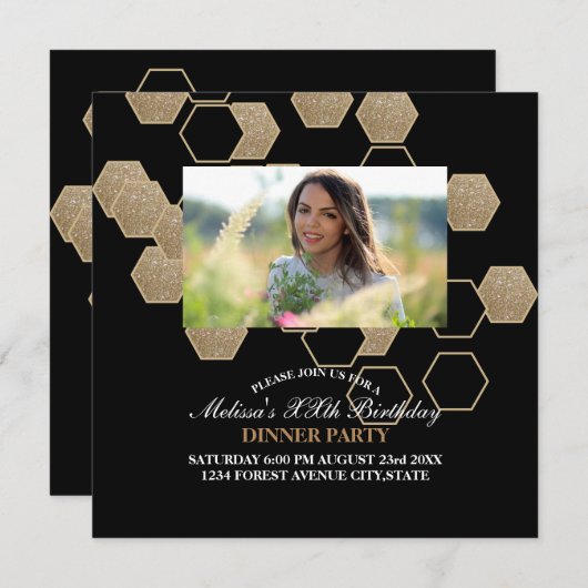 moderne geometrische zeshoek zwart en goud feest kaart (Voorkant / Achterkant)