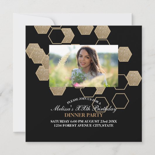 moderne geometrische zeshoek zwart en goud feest kaart (Voorkant)