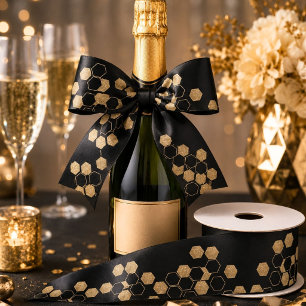 moderne geometrische zeshoek zwart en goud feest satijnen lint