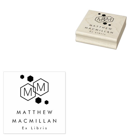 Moderne geometrische zeshoeken monogram bibliothee rubberstempel (Gestempeld)