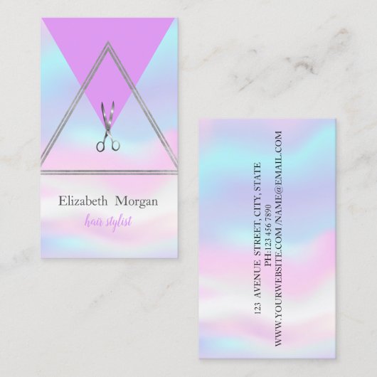 Moderne geometrische zilver, schaar-holografisch visitekaartje (Voorkant / Achterkant)