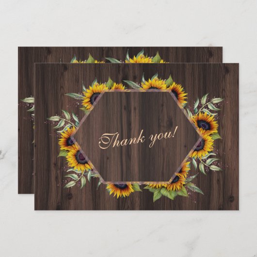 Moderne geometrische zonnebloemen houten bruiloft bedankkaart (Voorkant / Achterkant)