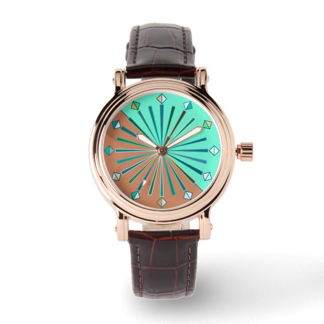 Moderne geometrische zonneburst, Aqua & Chocolade  Horloge (Voorkant)
