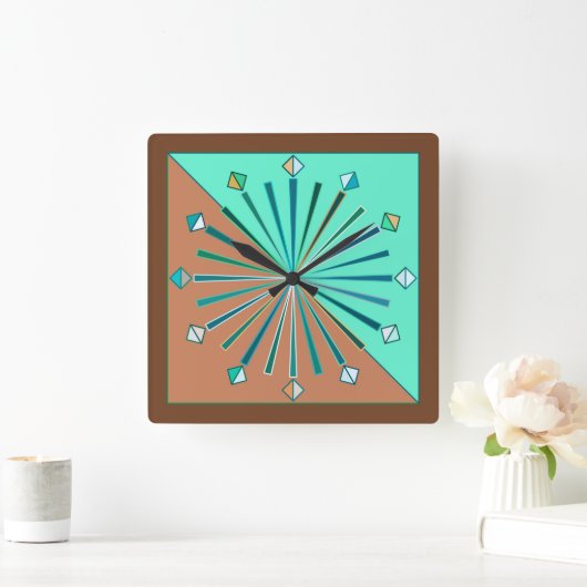 Moderne geometrische zonneburst, Aqua & Chocolade  Vierkante Klok (Huis)