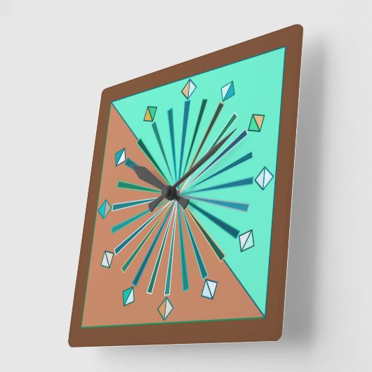 Moderne geometrische zonneburst, Aqua & Chocolade  Vierkante Klok (Hoek)