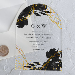 Moderne Geometrische Zwarte Bloemen Monogram Huwel Acryl Uitnodigingen