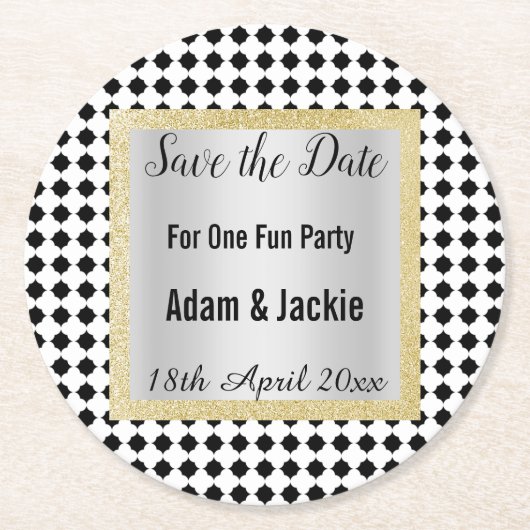 MODERNE GEOMETRISCHE ZWARTE WIT BEWAREN HET DATUM  RONDE KARTONNEN ONDERZETTER (Voorkant)