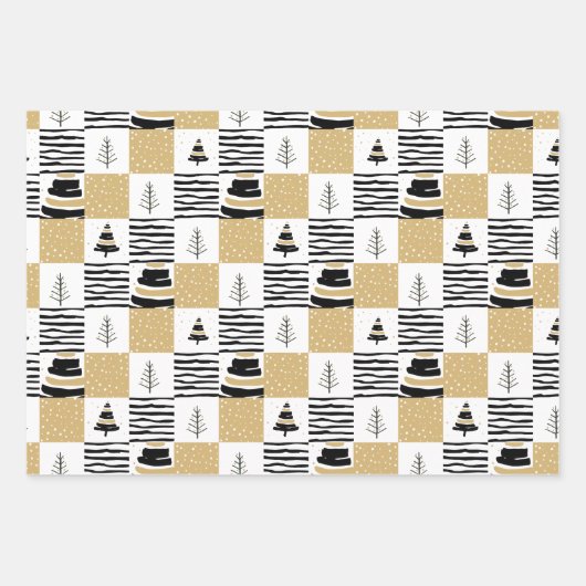 Moderne geometrische zwarte witte kerstboom inpakpapier vel (Voorkant)