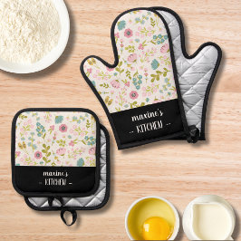 Moderne Gepersonaliseerd kleurrijke bloemen Ovenwant & Pannenlap Set