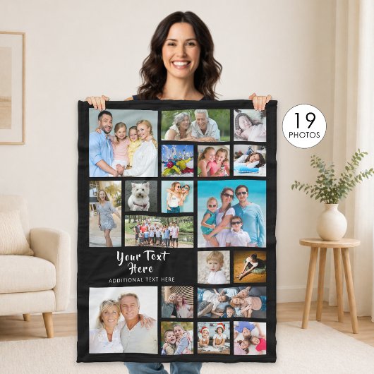Moderne gepersonaliseerde 19 foto collage Zwart Fleece Deken