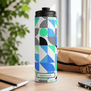 Moderne gepersonaliseerde blauwe mintgroene geomet thermosbeker