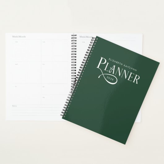 Moderne gepersonaliseerde bosgroene en witte  planner (Display)