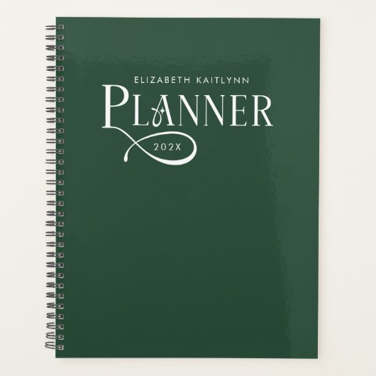 Moderne gepersonaliseerde bosgroene en witte planner (Voorkant)