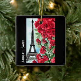 Moderne, gepersonaliseerde Eiffeltowerrozen Keramisch Ornament