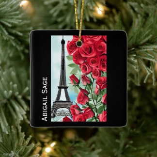 Moderne, gepersonaliseerde Eiffeltowerrozen Keramisch Ornament