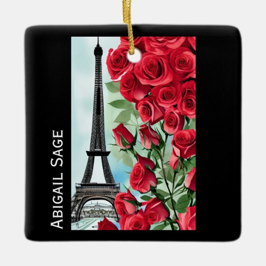 Moderne, gepersonaliseerde Eiffeltowerrozen Keramisch Ornament (Voorkant)