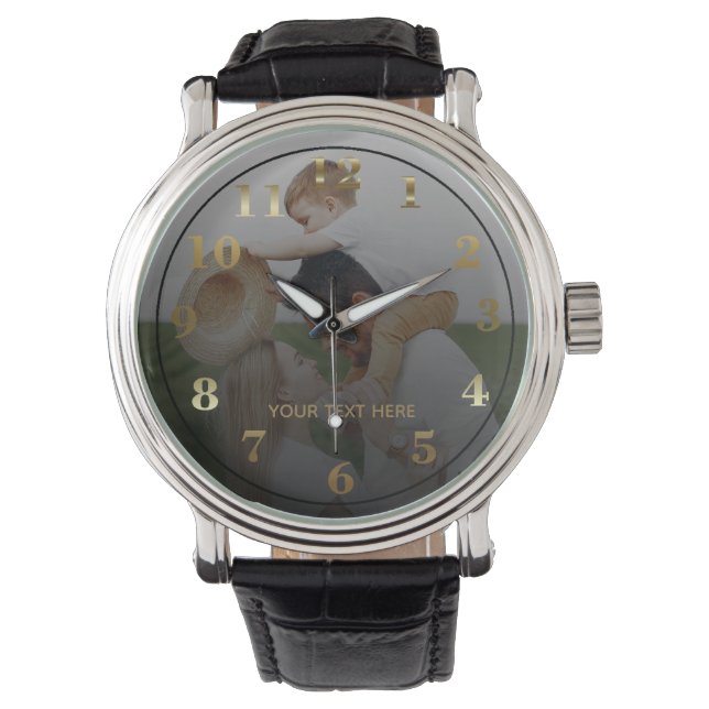 Moderne gepersonaliseerde foto en aangepaste tekst horloge (Voorkant)