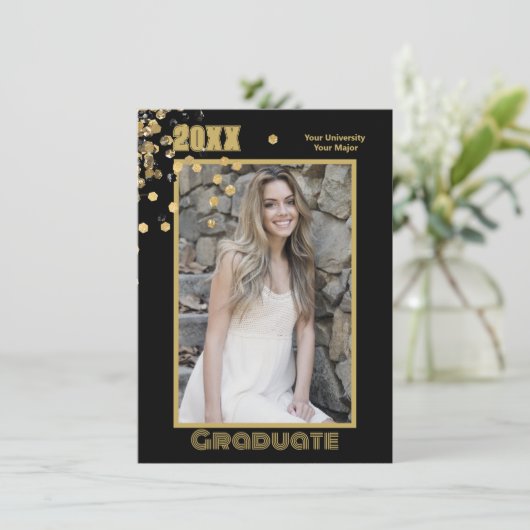 Moderne Gepersonaliseerde Foto Zwart Goud Sparkles Kaart (Staand voorkant)