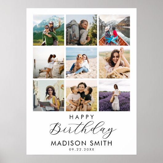 Moderne gepersonaliseerde fotocollage Happy Birthd Poster (Voorkant)