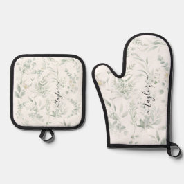 Moderne gepersonaliseerde groene print ovenwant & pannenlap set
