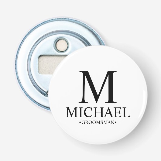 Moderne Gepersonaliseerde Groomsman Naam en Monogr Button Flesopener (Voorkant)