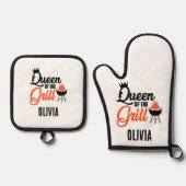 Moderne gepersonaliseerde koningin van de grill ovenwant & pannenlap set (Voorkant)