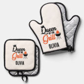 Moderne gepersonaliseerde koningin van de grill ovenwant & pannenlap set (Voorkant / Achterkant)