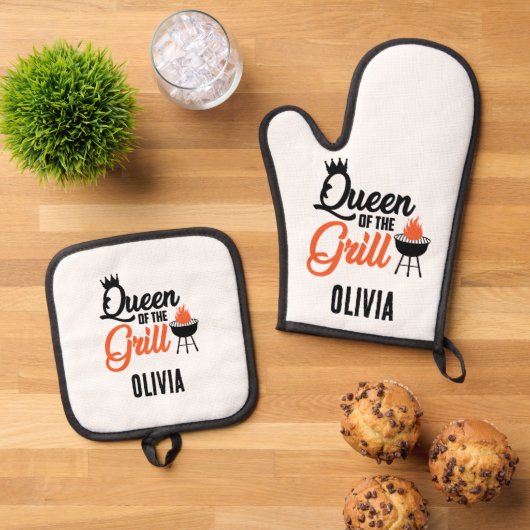 Moderne gepersonaliseerde koningin van de grill ovenwant & pannenlap set (Top down)