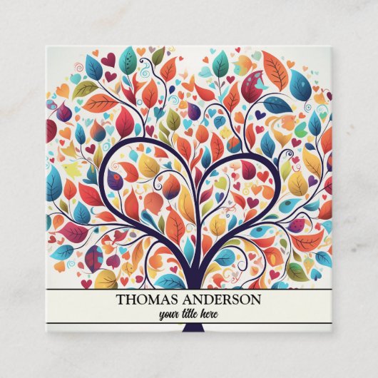 Moderne gepersonaliseerde levensboom - kleurrijke  vierkante visitekaartje (Voorkant)