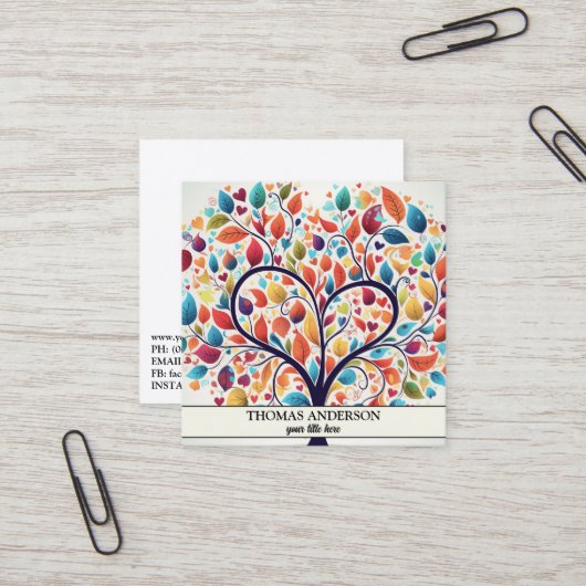 Moderne gepersonaliseerde levensboom - kleurrijke  vierkante visitekaartje (Voorkant / Achterkant in situ)