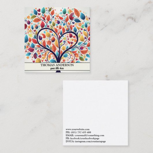 Moderne gepersonaliseerde levensboom - kleurrijke  vierkante visitekaartje (Voorkant / Achterkant)