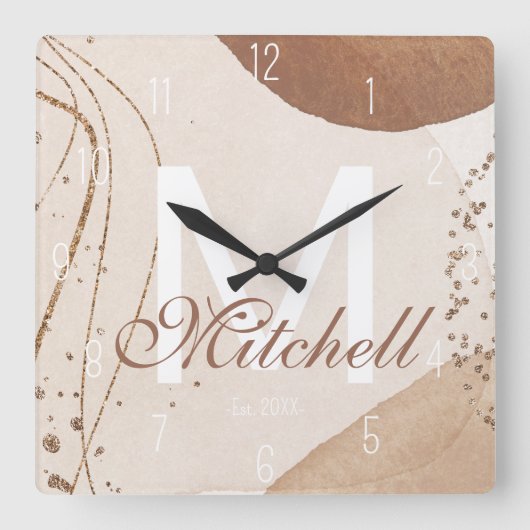 Moderne Gepersonaliseerde Monogram Abstracte Vierkante Klok (Voorkant)