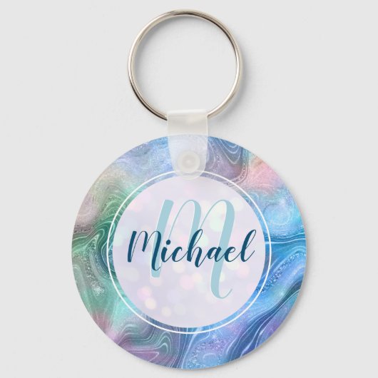 Moderne gepersonaliseerde monogram en naam vloeist sleutelhanger (Voorkant)