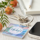 Moderne gepersonaliseerde monogram en naam vloeist sleutelhanger (Voorkant Rechts)