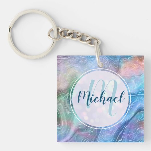 Moderne gepersonaliseerde monogram en naam vloeist sleutelhanger (voorkant)