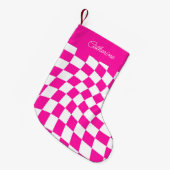 Moderne gepersonaliseerde naam Hot Pink Checkered Kleine Kerstsok (Voorkant (Hangend))