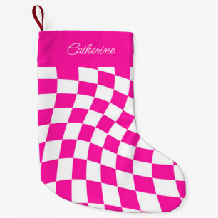 Moderne gepersonaliseerde naam Hot Pink Checkered Kleine Kerstsok