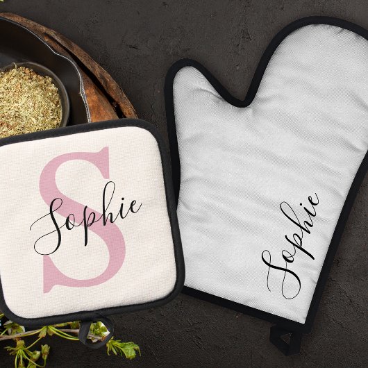 Moderne gepersonaliseerde naam Monogram roze Ovenwant & Pannenlap Set