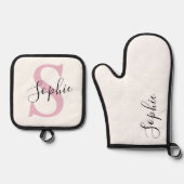 Moderne gepersonaliseerde naam Monogram roze Ovenwant & Pannenlap Set (Voorkant)